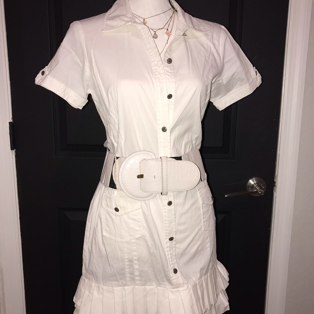 VINTAGE Y2K Grass White Belted Safari Mini Dress Ruffle Hem Size M